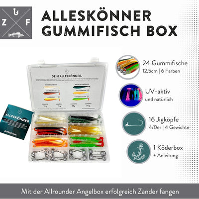 Zanderfang 40 Teile Box Gummifische mit Jigköpfen zum Zanderangeln mit Gummifisch - 24 Gummifische: