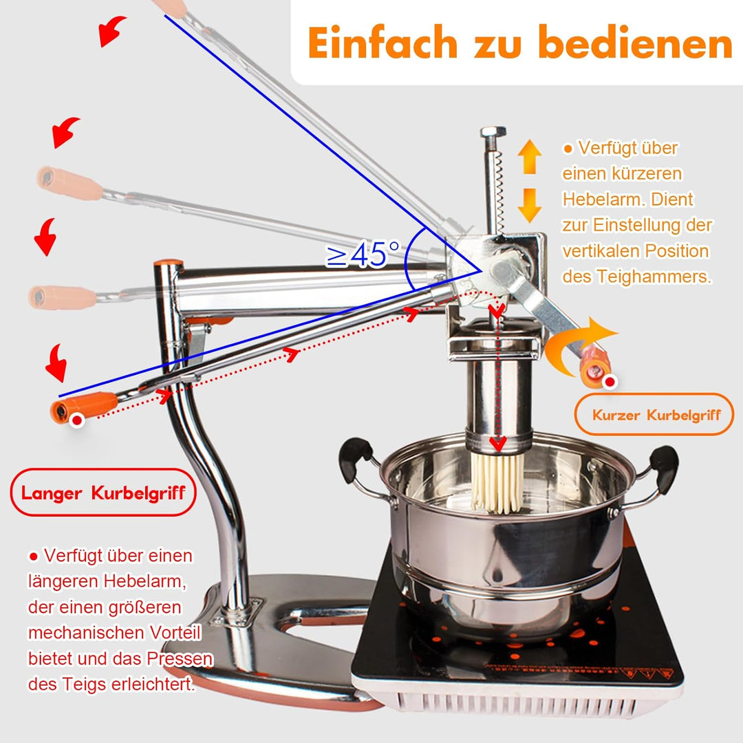 Nudelmaschine mit 8 Stahl-Formen | Ideal für Maccheroni, Fettuccine & Tagliolini | 30-Sekunden Schne