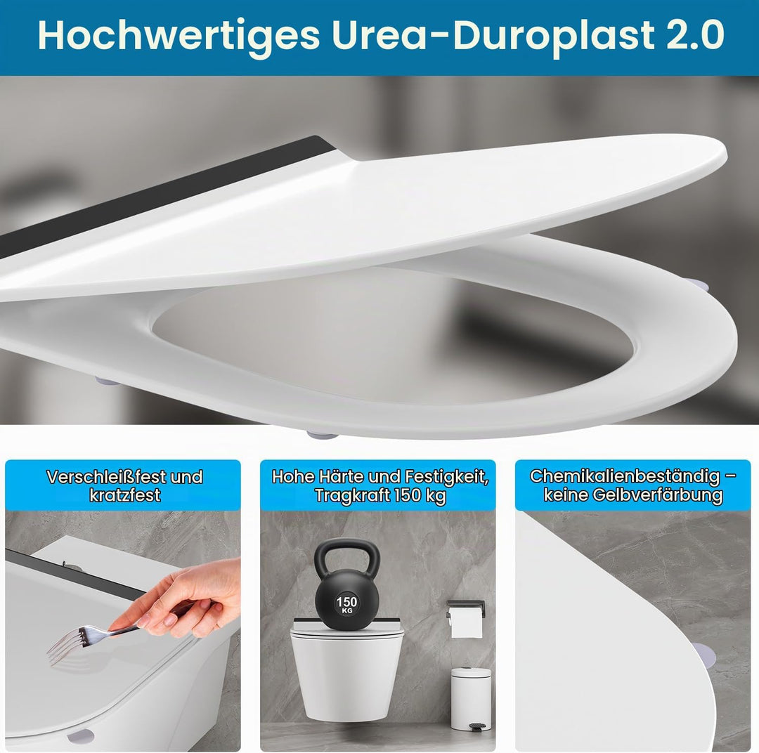 Toilettendeckel mit Absenkautomatik D-Form, Slim WC Sitz Weiss, Klodeckel Duroplast, Klobrille einfa
