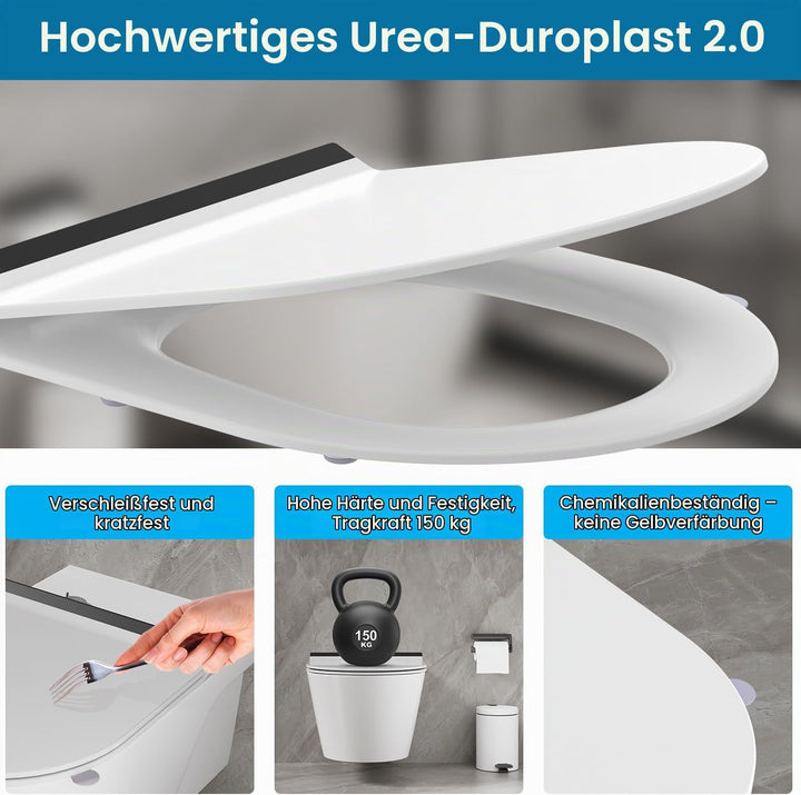 Toilettendeckel mit Absenkautomatik D-Form, Slim WC Sitz Weiss, Klodeckel Duroplast, Klobrille einfa