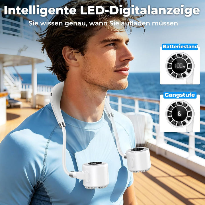Nackenventilator, Tragbarer Halsventilator mit 4000 mAh Akku, 6 Stufen & 360° Luftstrom, Extrem Leis