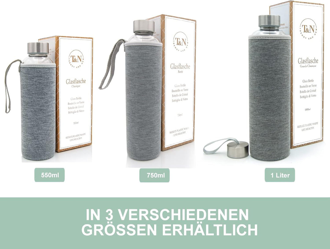 T&N Glasflasche 1 Liter / 750ml / 500ml – Trinkflasche Glas 1l mit Neoprenhülle – Wasserflasche Ausl