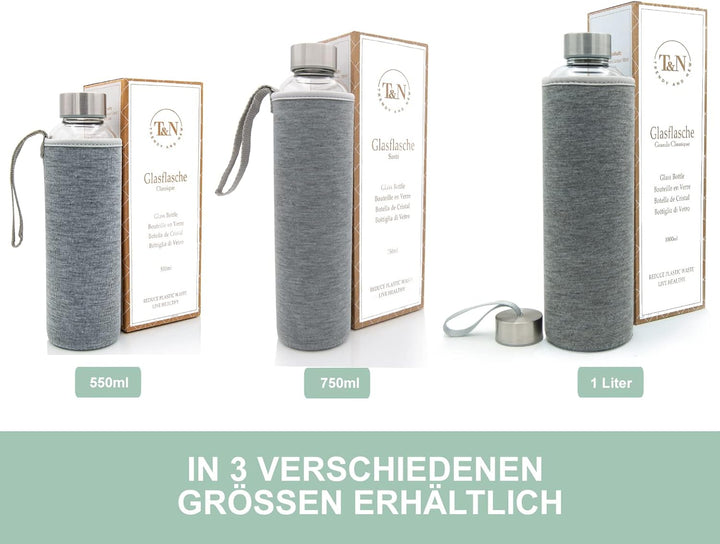 T&N Glasflasche 1 Liter / 750ml / 500ml – Trinkflasche Glas 1l mit Neoprenhülle – Wasserflasche Ausl