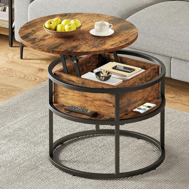 YITAHOME Couchtisch Rund mit Hebeplatte, Wohnzimmertisch Höhenverstellbar mit Stauraum 60x60x47cm, C