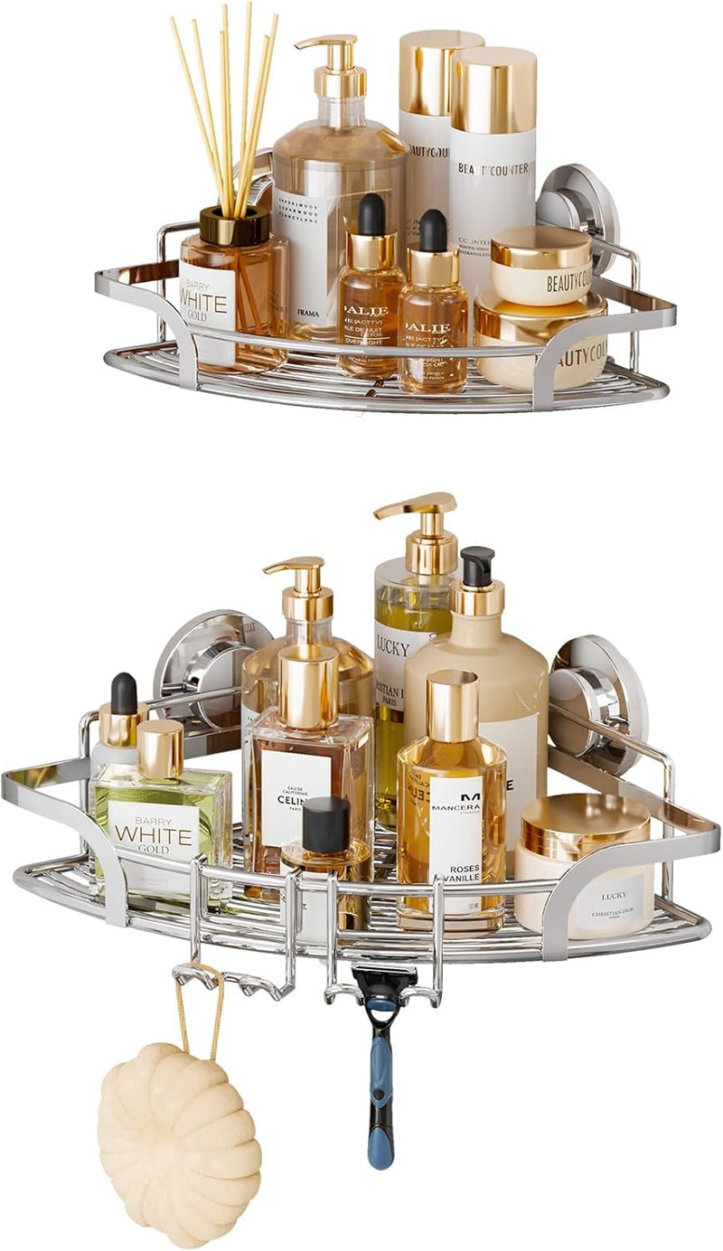 TAILI Duschablage Ohne Bohren,Einstellbar Ecke Dusche Caddy Saugnapf 2er Set Dusche Zubehör mit Hake
