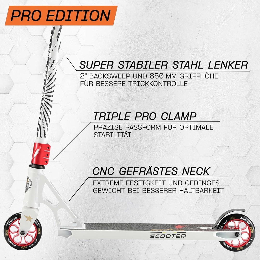 STAR SCOOTER Pro Sport Freestyle Kick Stunt Scooter für Kinder ab 7 Jahre, Erwachsene | 110 120mm Pr