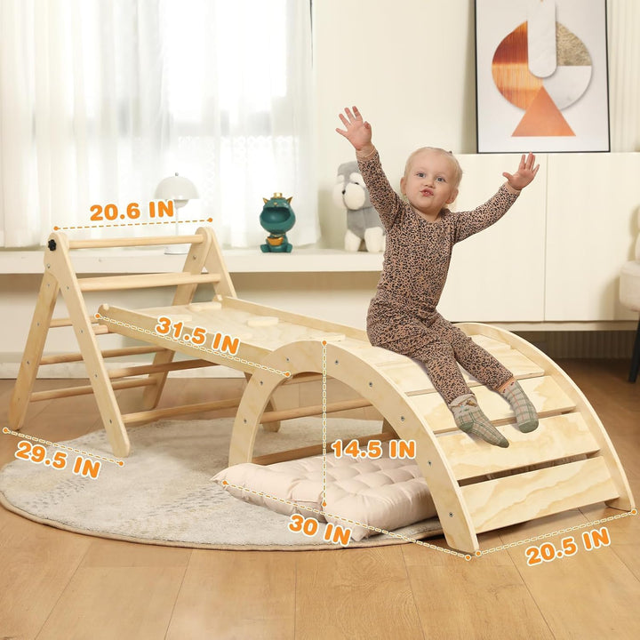 7-in-1 Montessori Kletterdreieck Set mit Rutsche, Kletterbogen & weichem Kissen – Holz Klettergerüst