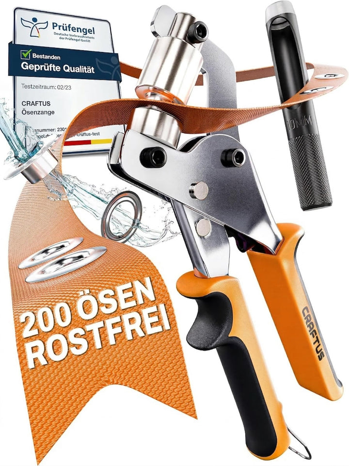 CRAFTUS® Profi Ösenzange Set mit 200 rostfreien Ösen (Ø 10mm) I Magnetische Ösenpresse aus gehärtete