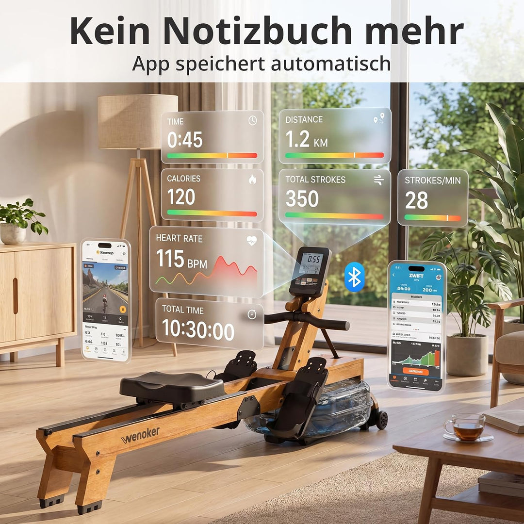 Wenoker Wasser-Rudergerät für Zuhause, klappbar – 160 kg, leise | APP &amp; Bluetooth, LCD, Tablet-Halte