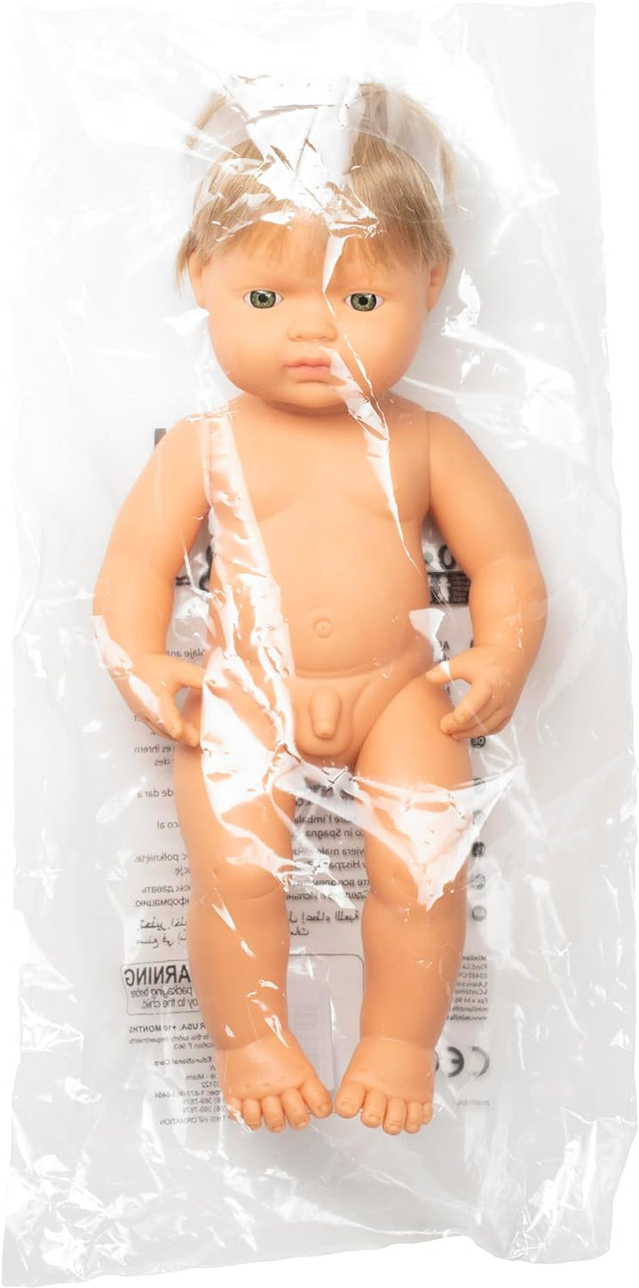 Miniland Dolls: europäische Babypuppe Junge mit dunkelblondem Haar, 38cm, aus weichem Vinyl, in tran