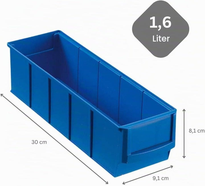 SparSet 5x Blaue Industriebox 300 S | HxBxT 8,1x9,1x30cm | 1,6 Liter | Sichtlagerkasten, Sortimentsk
