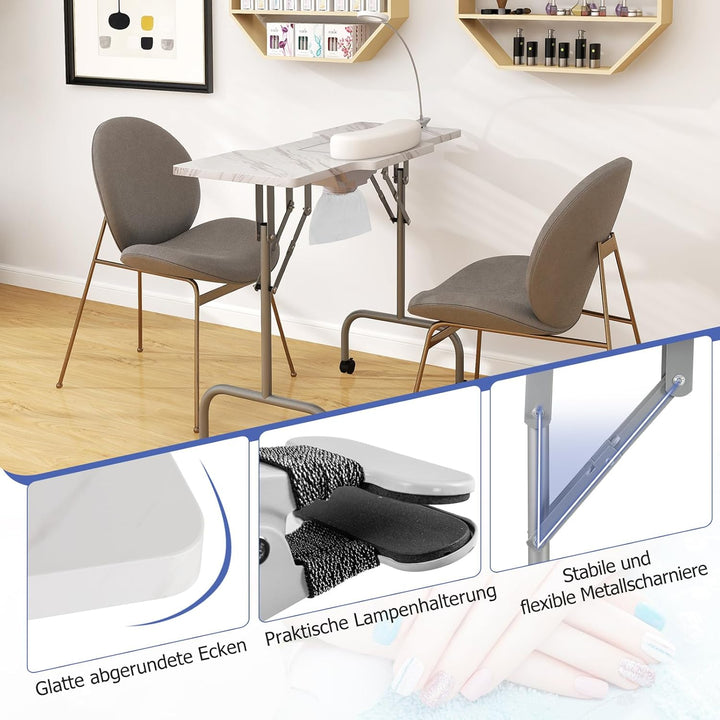 COSTWAY Maniküretisch klappbar, Nageltisch mit elektrischem Staubsammler, LED-Lampe, Handgelenkaufla