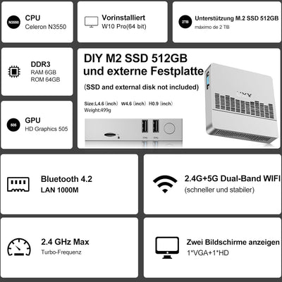 UXX Mini PC Unterstützung 512GB M.2 SSD Erweiterung, N3350 Micro Desktop Computer 64GB eMMC, Gaming