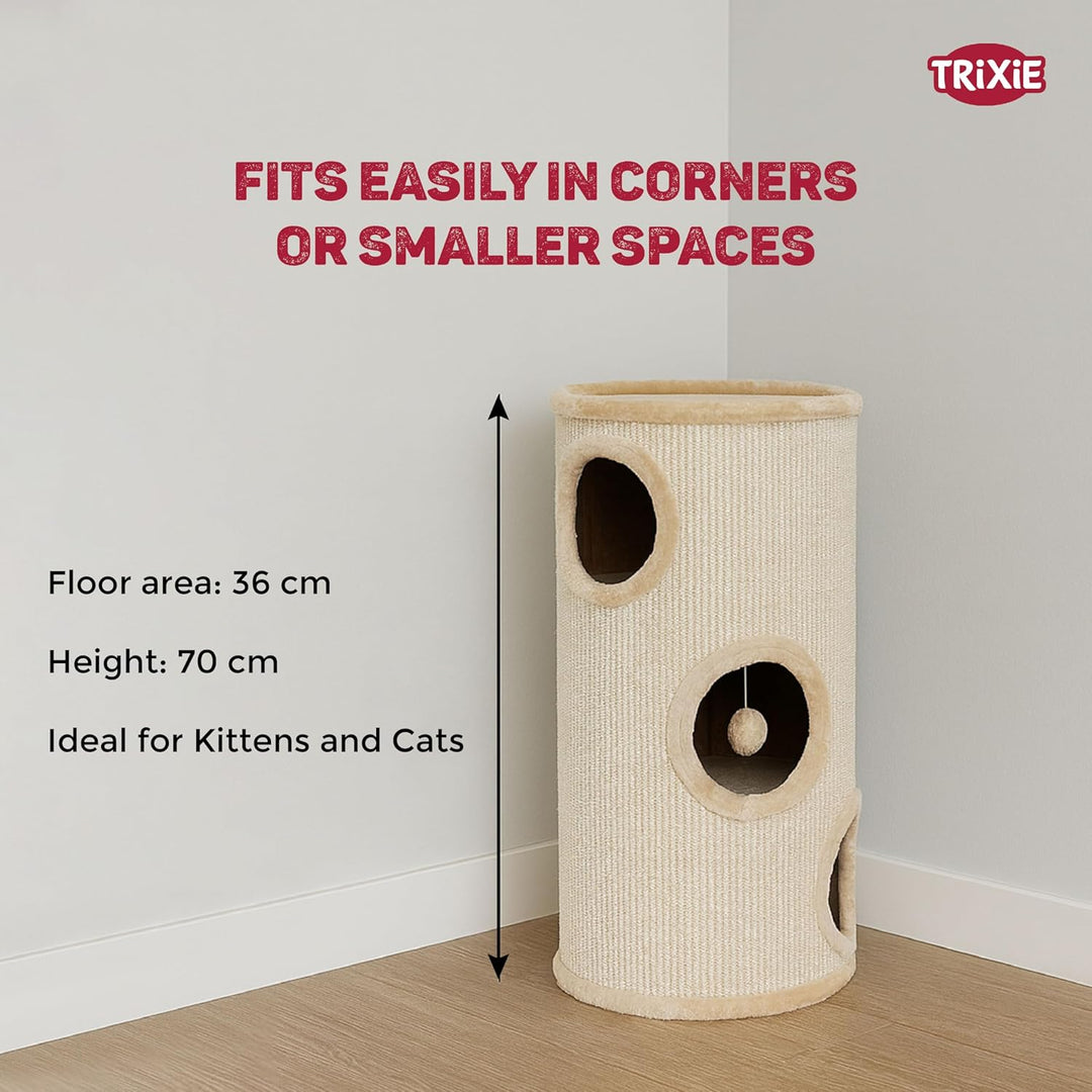 TRIXIE Kratztonne für Katzen Samuel 70 cm in natur/beige – dreistöckige Katzentonne mit gepolsterter