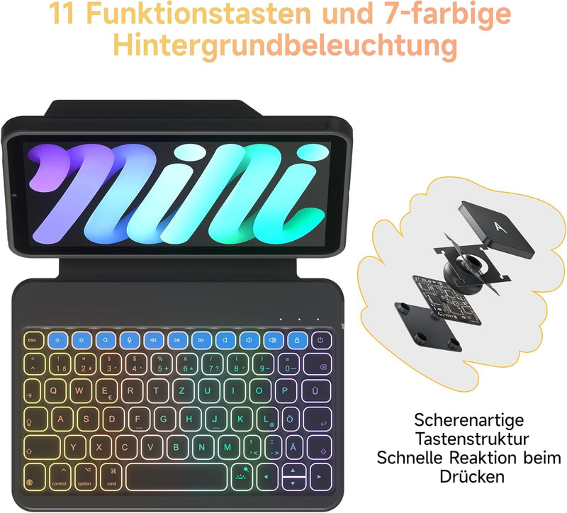 HOU Tastatur Hülle für iPad Mini 7/6, 8,3 Zoll, Ultradünne Klapptastatur, Magnetische Befestigung, M