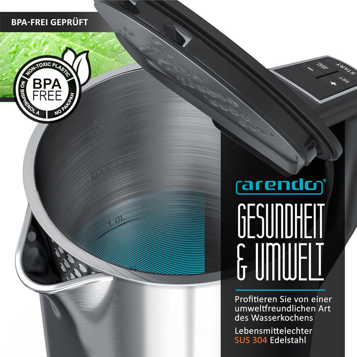 Arendo - Edelstahl Wasserkocher mit Temperatureinstellung 40-100 Grad in 5er Schritten - Doppelwand