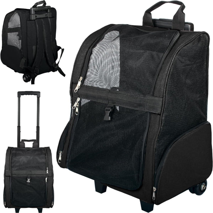 2IN1 Transporttasche mit Rollen bis 15kg Rucksack Trolley Hund Katze Hunderucksack Tasche (Schwarz),