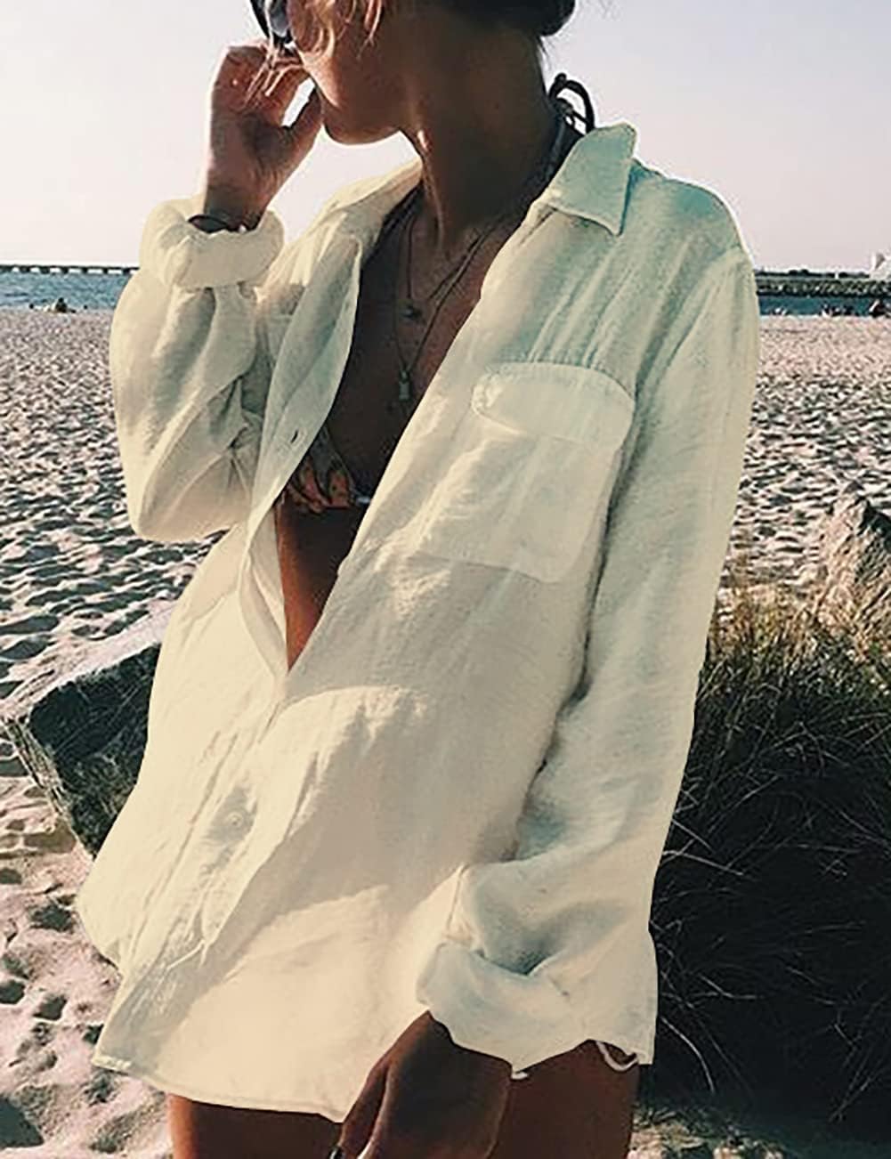 Bsubseach Damen Long Sleeve Beach Shirt Blusen Turn Down Kragen Strandponcho G-Elfenbein, G-Elfenbei