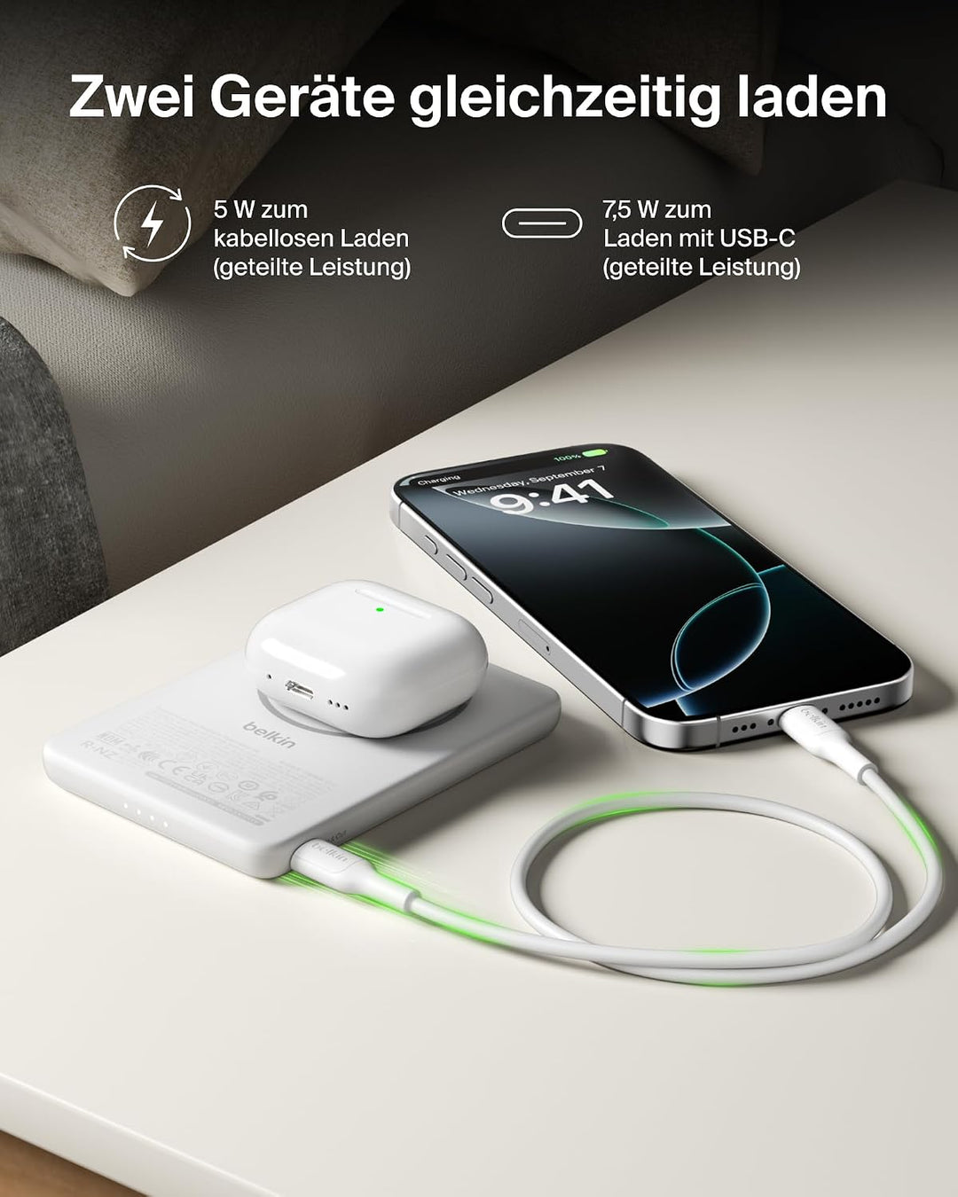 Belkin BoostCharge 5000mAh Magnetische Power Bank, USB-C-Port – Weiss | 5K Powerbank Kabellos, Magne