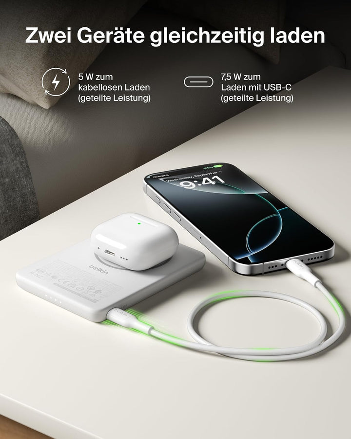 Belkin BoostCharge 5000mAh Magnetische Power Bank, USB-C-Port – Weiss | 5K Powerbank Kabellos, Magne