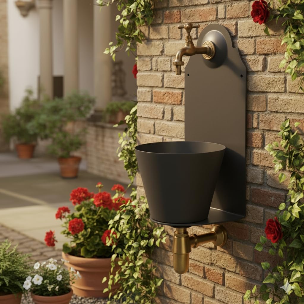 Brunnen mit Mauer aus Eisen mit Wasserhahn, Farbe Anthrazit