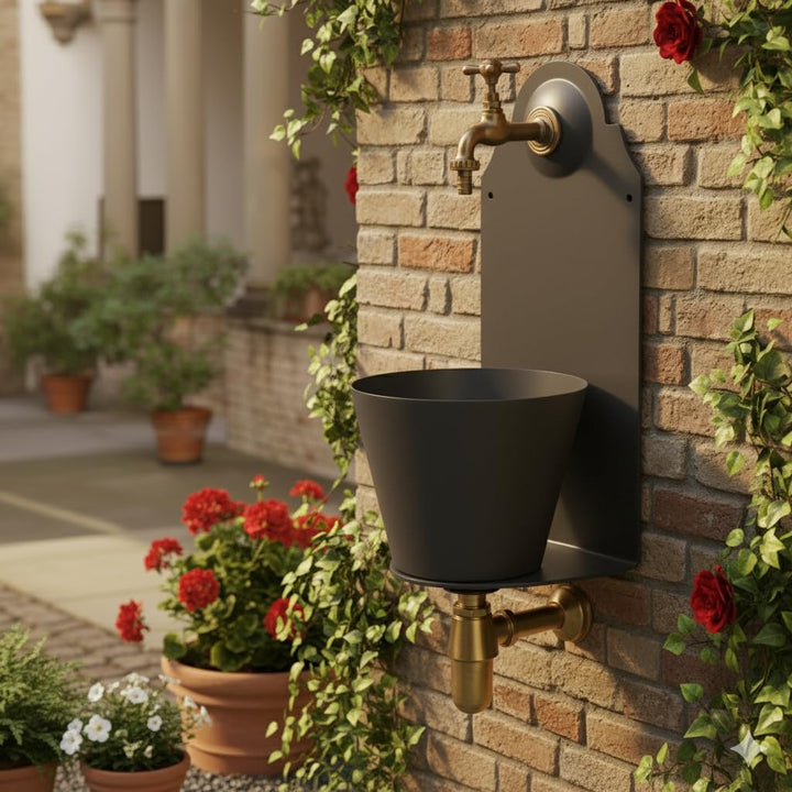 Brunnen mit Mauer aus Eisen mit Wasserhahn, Farbe Anthrazit