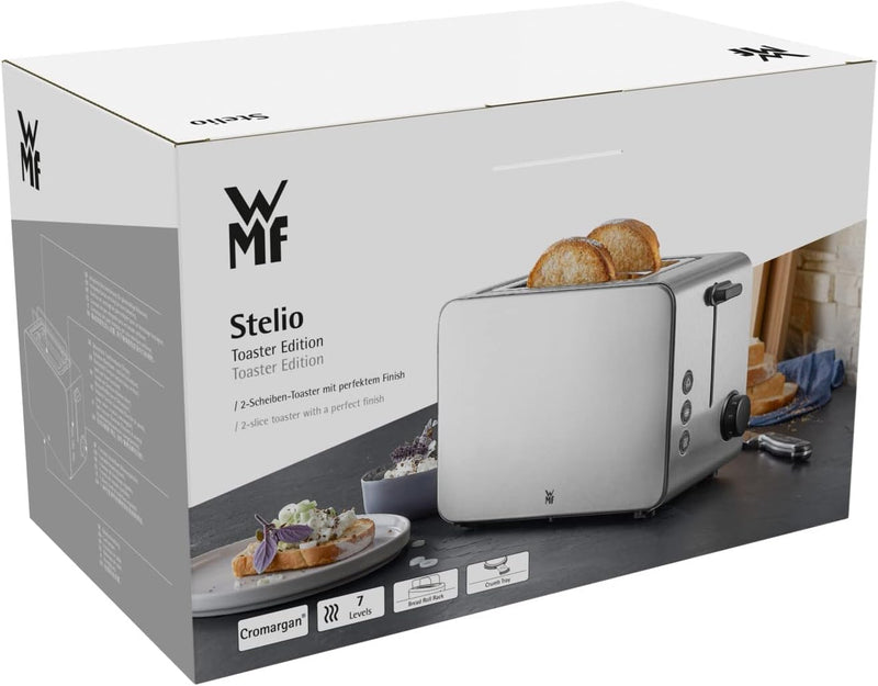 WMF Stelio Toaster 2 Scheiben Edelstahl, Doppelschlitz Toaster mit Brötchenaufsatz, Bagel-Funktion,