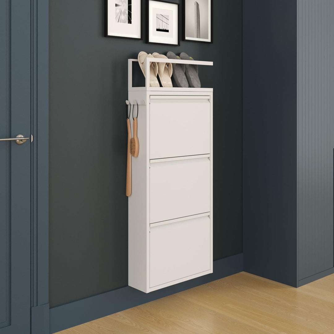 furni24 Schuhschrank Schmal – Platzsparender Metall-Schuhschrank mit Magnetklappen, Platz für 6-10 P