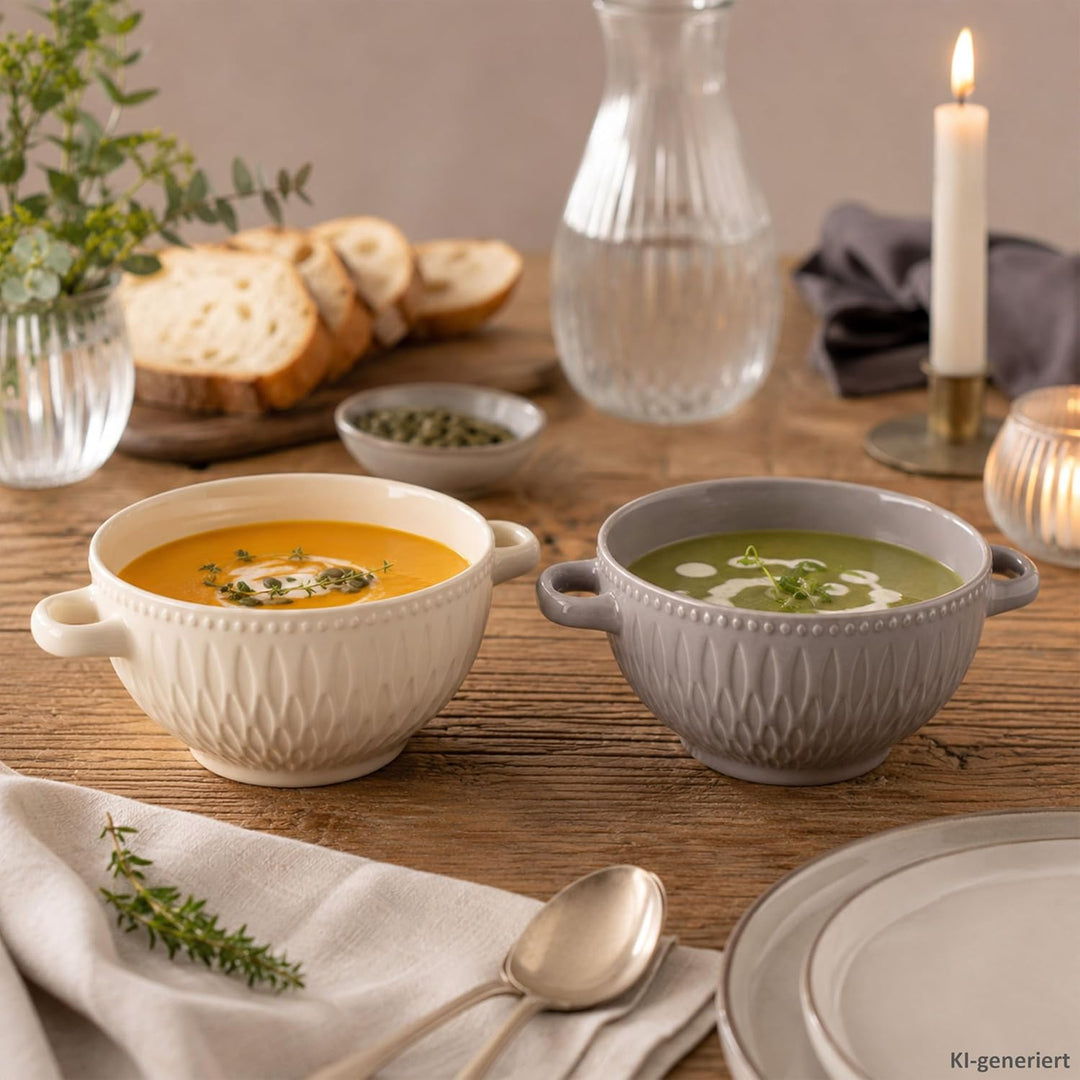 MamboCat Biko 6er Set Suppentassen I 650ml I 6 Personen I Keramiktassen in je 3X Vanille &amp; Grau I Su
