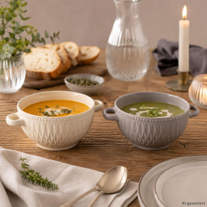MamboCat Biko 6er Set Suppentassen I 650ml I 6 Personen I Keramiktassen in je 3X Vanille &amp; Grau I Su