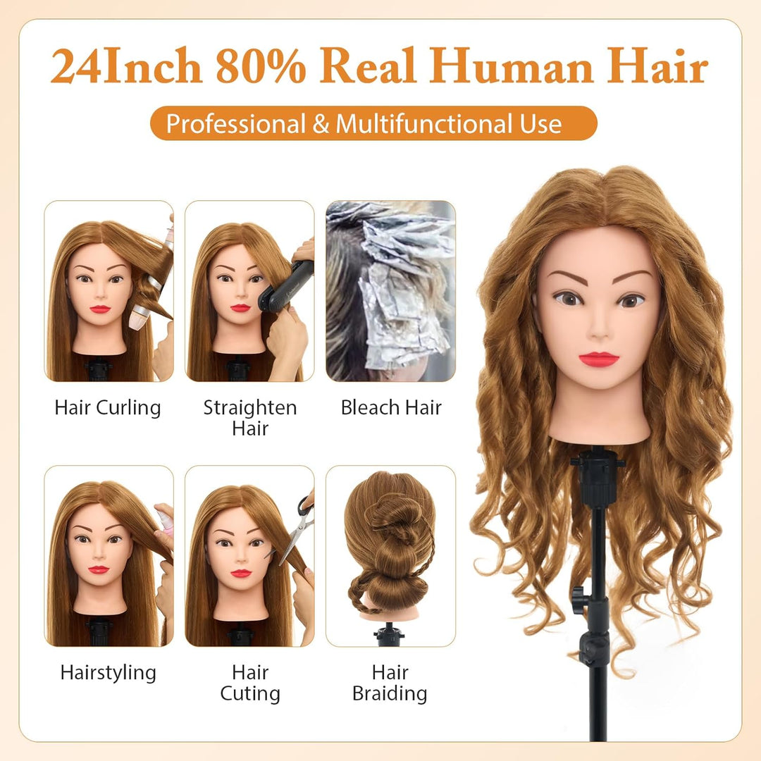 NEVERLAND Friseurkopf 24 Zoll 50% Echthaar Trainingsköpfe für Friseure Übungskopf Friseursalon Puppe