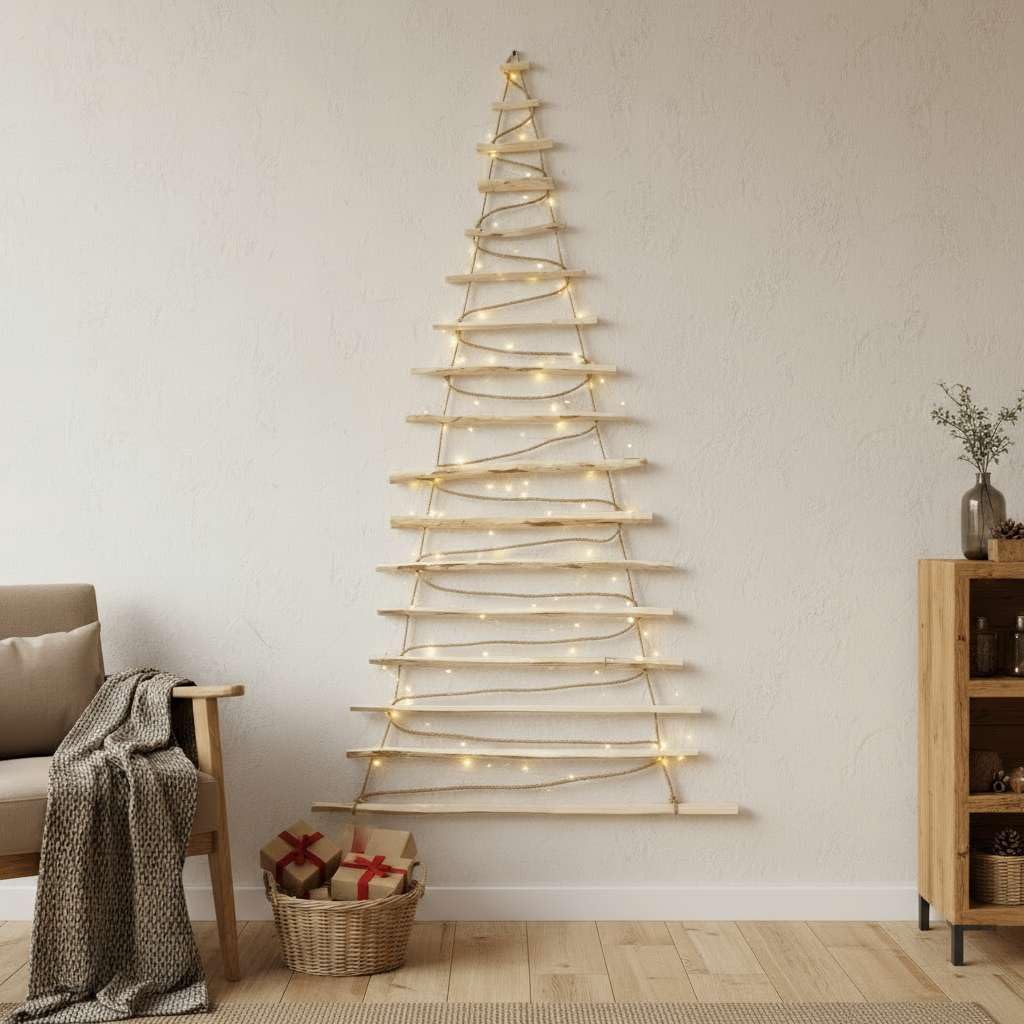 BOGATECO Handgemacht Weihnachtsbaum 205 cm hoch, aus Haselnussholz | Deko Anhänger | mit 10 m LED-Le