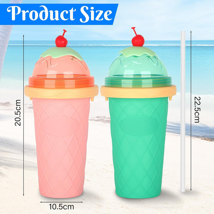 2er Set DIY Slush Becher, Silikon Squeeze Cup mit 2-in-1 Strohhalm und Löffel, Slush Eis Becher zum