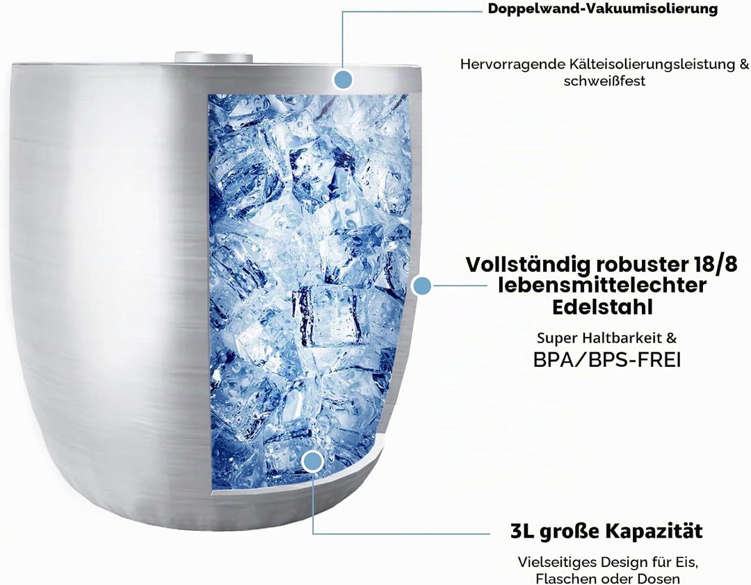 Tiken 3L Edelstahl Eiseimer mit Deckel und Zange Doppelwandiger Vacuum Isolierter Eiskübel Eiswürfel