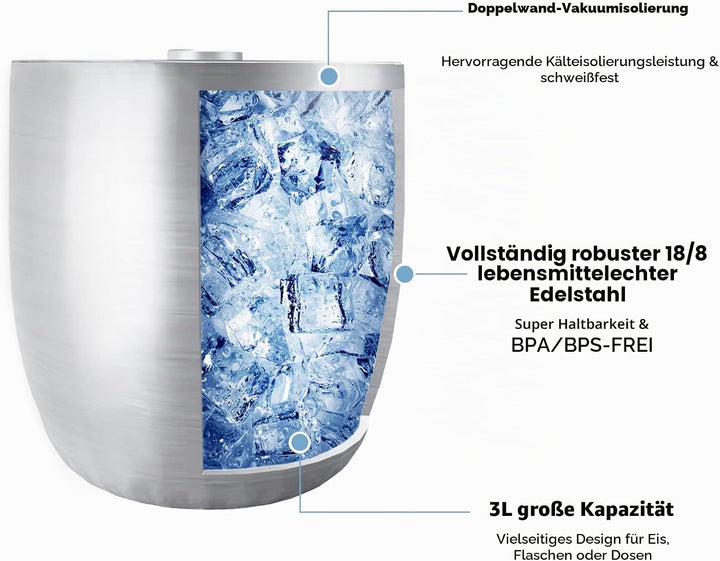 Tiken 3L Edelstahl Eiseimer mit Deckel und Zange Doppelwandiger Vacuum Isolierter Eiskübel Eiswürfel