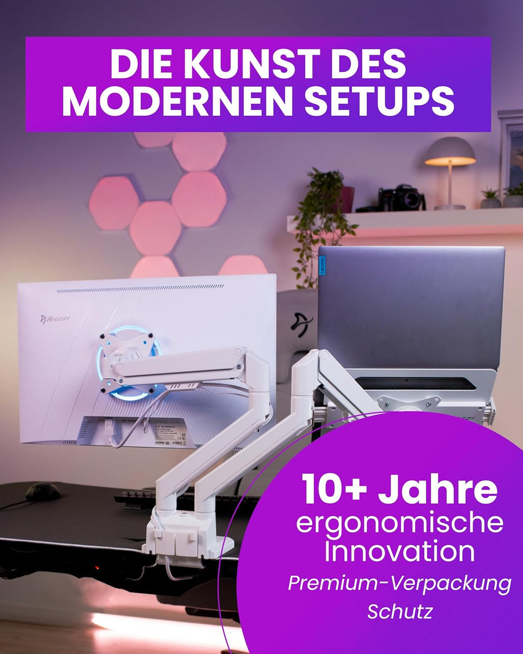 Arozzi Alzare Neo Duo Monitorarm mit Gasfeder - 2 Arme, für 43–86 cm Monitore, VESA 75/100, 360° dre