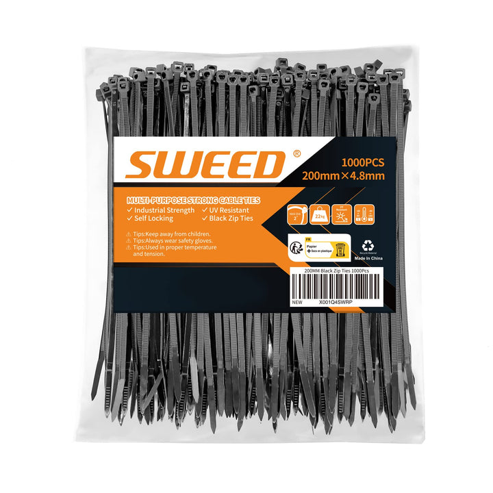 SWEED Kabelbinder Schwarz 200mm x 4.8mm, 1000 Stück Kabelbinder UV Beständig, Schwarze Kabelbinder M