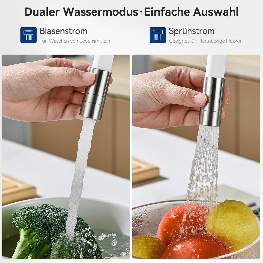 CECIPA Flexibler Küchenarmatur Weiss, Wasserhahn Küche mit 2 Strahlarten, Hochdruck Armatur Küche, M