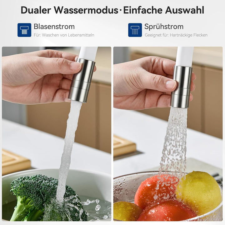 CECIPA Flexibler Küchenarmatur Weiss, Wasserhahn Küche mit 2 Strahlarten, Hochdruck Armatur Küche, M