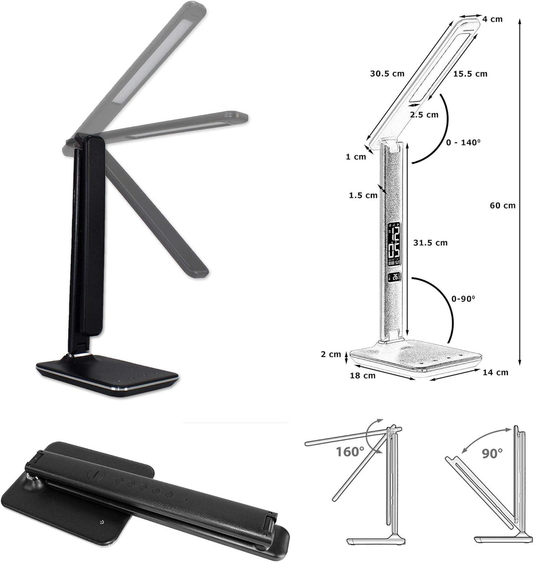 @tec Dimmbare LED Schreibtischlampe in Lederoptik mit Display für Datums, Uhrzeit, Temperatur - schw