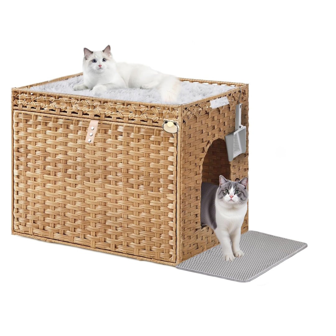 Katzenklo: Versteckte Katzentoilette aus Rattan in Möbeloptik mit auslaufsicherer Katzenklo-Matte fü