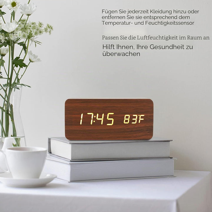 LED Tischuhr Holzoptik, Wecker Digital Funkuhr, Digitaler Wecker mit 3 Helligkeitsstufen, Elektronis