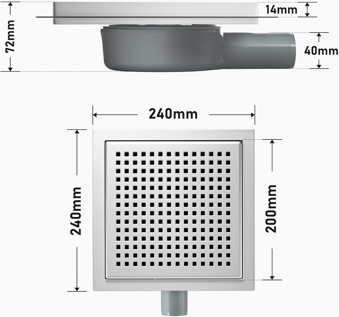 Bernkot Duschrinne Quadrat 20 * 20cm, 360° Siphon mit Geruchsstop und Haarsieb Edelstahl Ablaufrinne