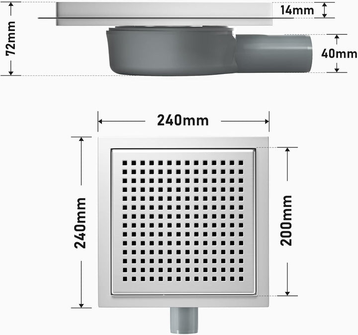 Bernkot Duschrinne Quadrat 20 * 20cm, 360° Siphon mit Geruchsstop und Haarsieb Edelstahl Ablaufrinne