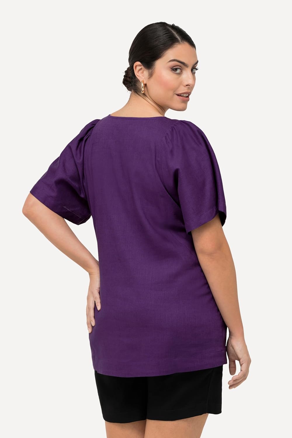 Ulla Popken Damen, Leinenmix, A-Linie, Tunika-Ausschnitt, Halbarm Bluse 46-48 Lila, 46-48 Lila