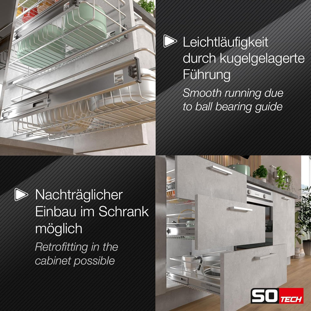 SOTECH 30 cm Teleskopschublade Vollauszug mit Kugelführung 25 Kg Tragkraft Chrom poliert Schublade D