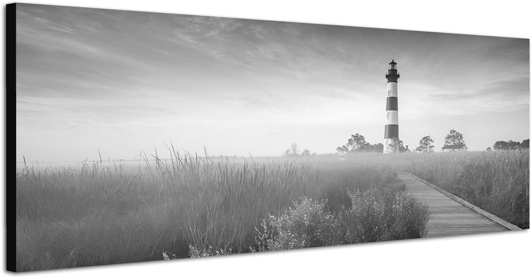 Paul Sinus Art Leinwandfoto als Panorama SCHWARZ/Weiss 150x50cm Wiesen Holzweg Leuchtturm Nebel Herb
