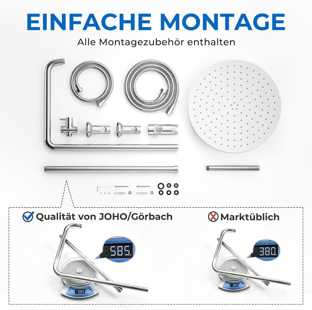 Görbach Edelstahl Duschsystem ohne Armatur, Chrom Regendusche Duschset mit Wandhalterung, Duschkopf