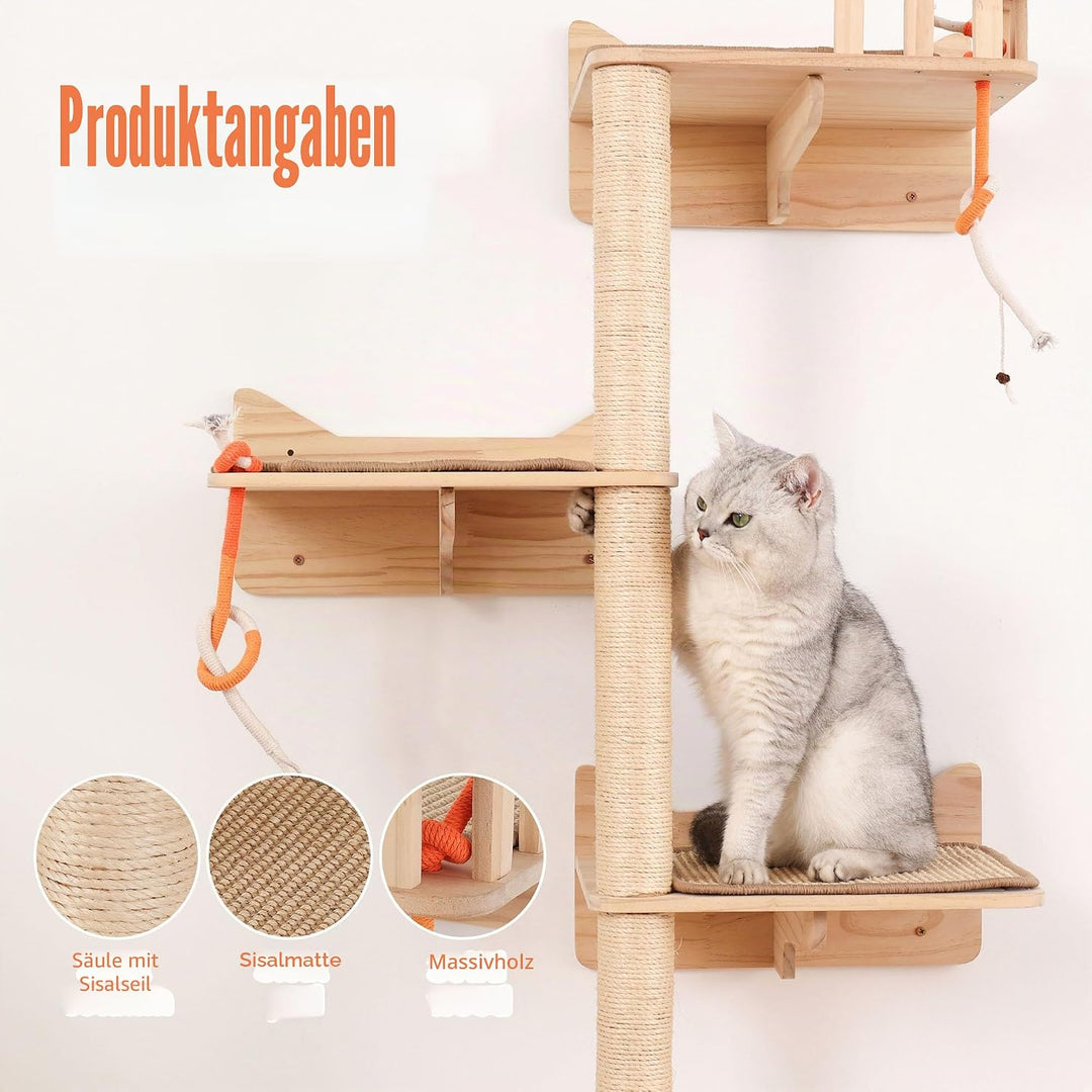 Kratzbaum zur Wandmontage, 7 Stück, Katzen-Wandregale und Sitzstangen mit hohen Sisal-Kratzstämmen,