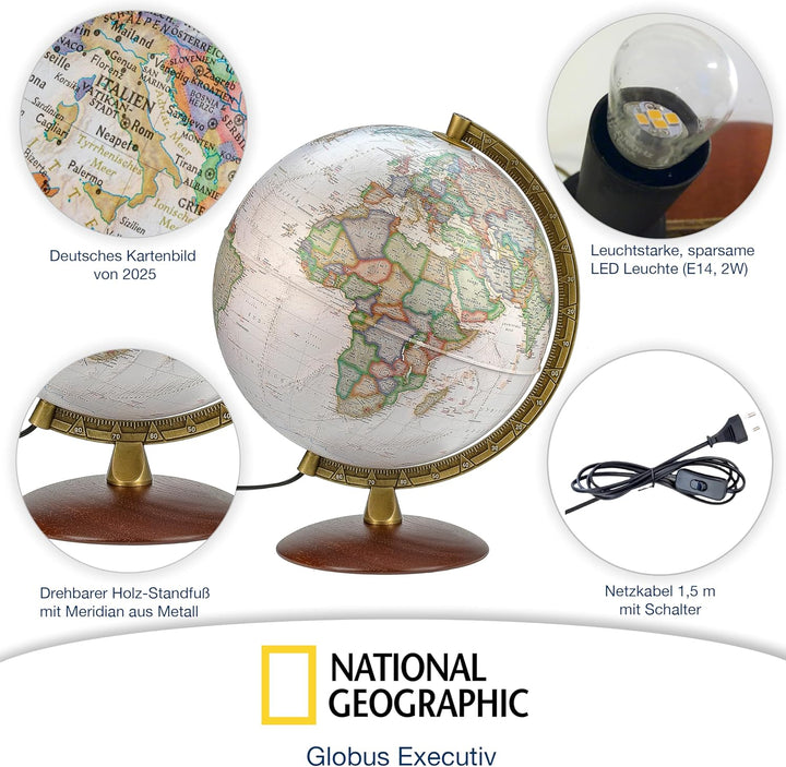 National Geographic - Leuchtglobus im exekutiven Stil - 30cm Globus mit stabilem Standfuss und Metal
